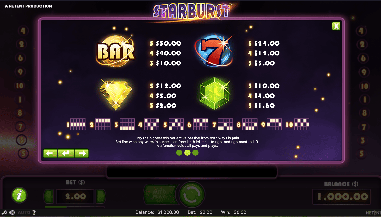 Starburst Pay Table